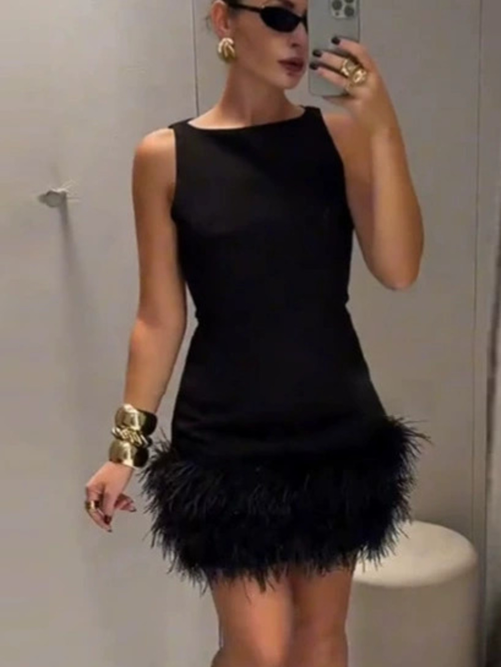 ZARA Sleeveless Fur Patchwork Miniskirt Style Feather Trim Sexy Black Mini Dress